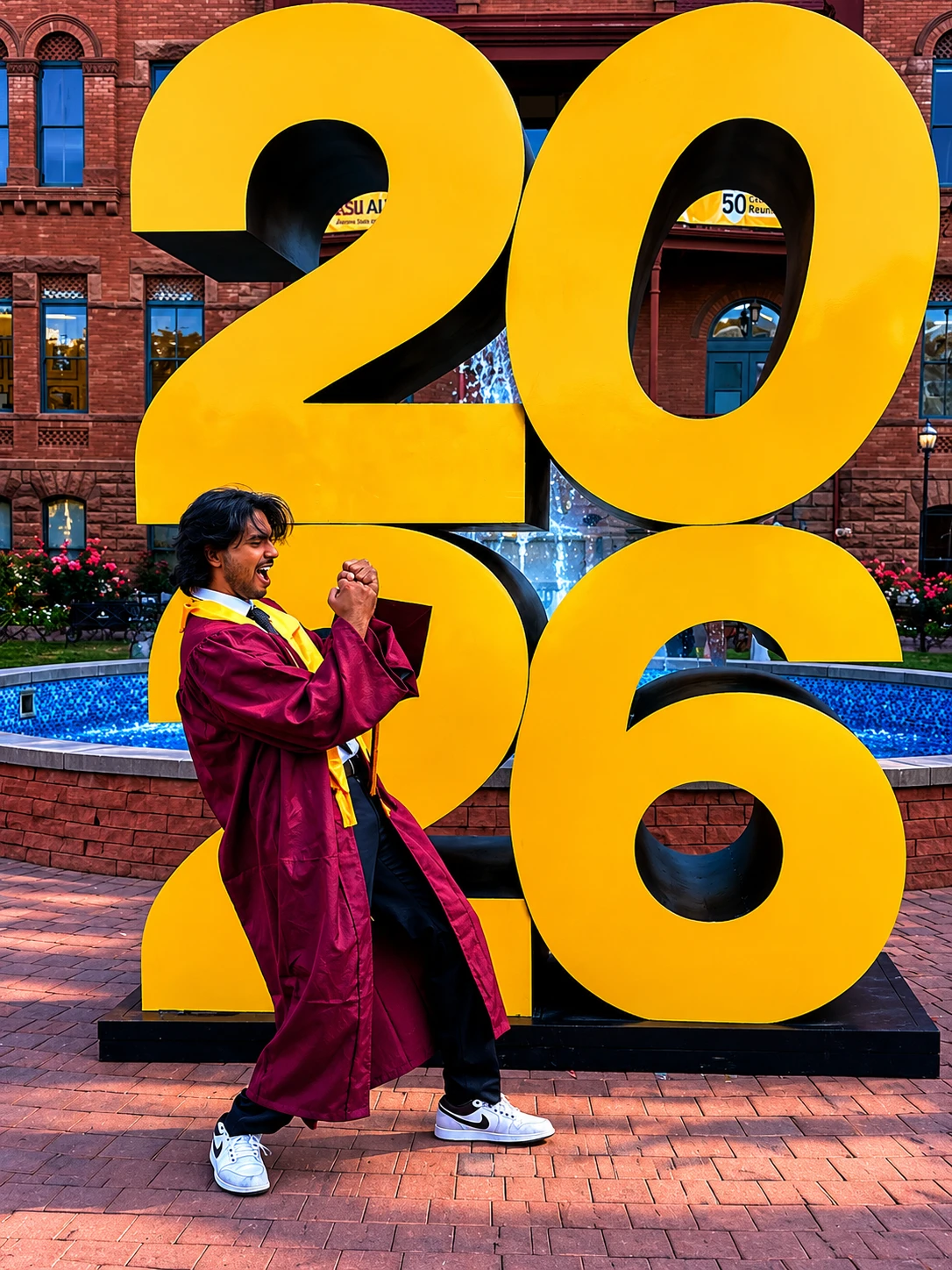 Pavan in cap and gown celebrating at the ASU Class of 2026 sign